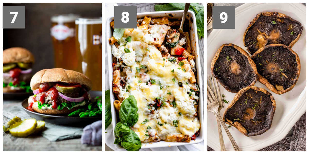 a collage of three recipes including a burger, pasta bake and roasted portobello mushroom caps
