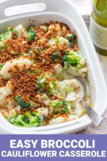 broccoli and cauliflower casserole in a white baking dish with text overlay