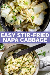 collage of close ups of stir-fried napa cabbage with text