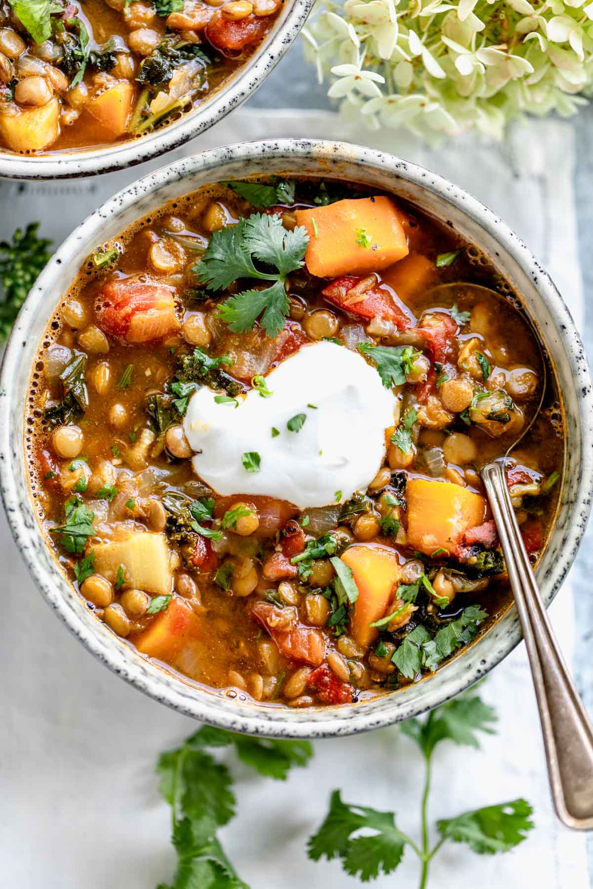 close up of bowl of soup with yogurt on top