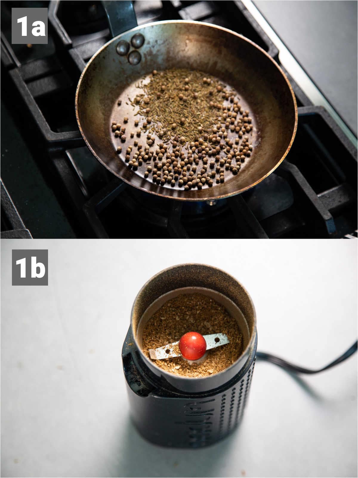 toasting the spices in a skillet and grinding them in a coffee grinder