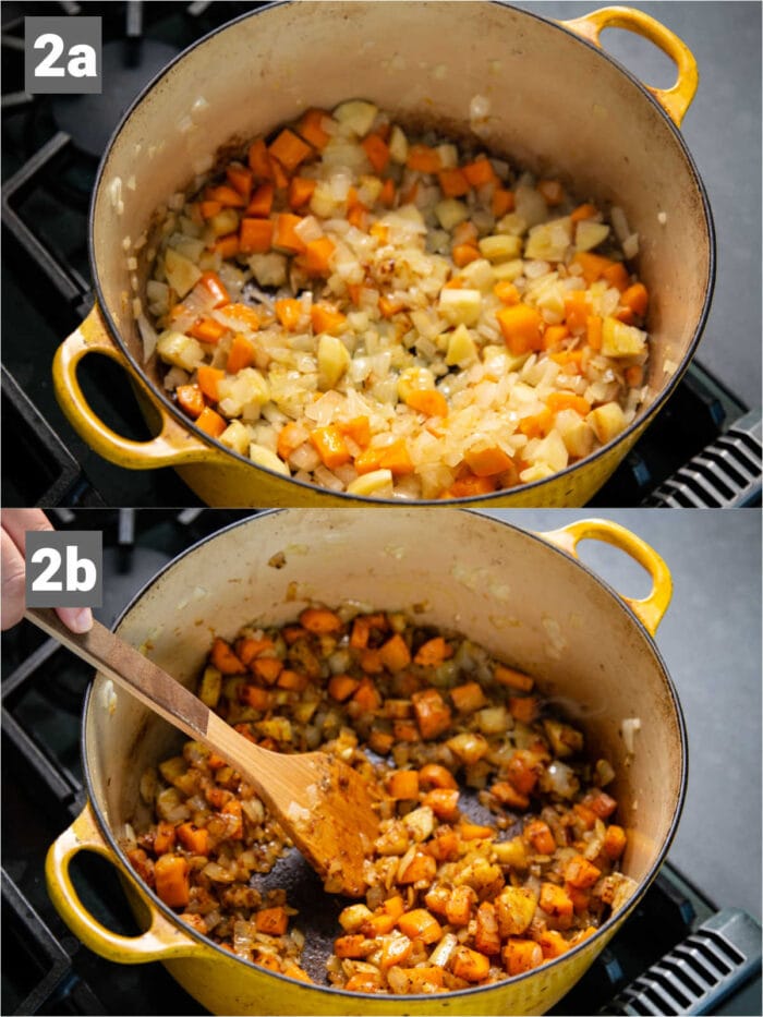 brown the vegetables then add the spices to toast them in the hot oil