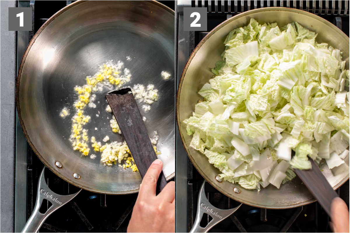 cook the garlic and ginger, then add the cabbage and stir fry it