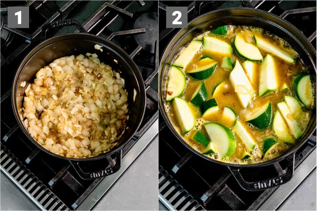 sauteed onion and garlic, the zucchini and broth in the soup pot
