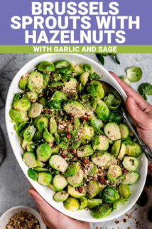BRUSSELS SPROUTS IN A WHITE BOWL WITH TEXT OVERLAY