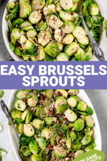BRUSSELS SPROUTS IN A WHITE BOWL WITH TEXT OVERLAY
