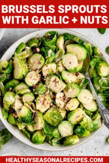 BRUSSELS SPROUTS IN A WHITE BOWL WITH TEXT OVERLAY