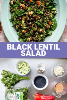 lentil salad in a blue bowl with text overlay