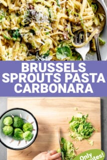 brussels sprouts pasta carbonara collage with text overlay