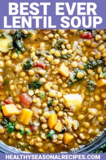 close-up of lentil soup with text overlay