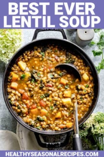 lentil soup in a black dutch oven with text overlay