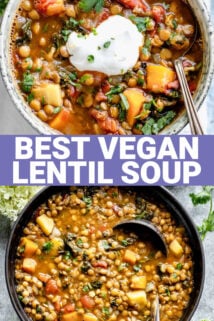 collage of lentil soup with text overlay
