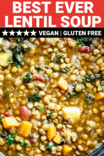 close-up of lentil soup with text overlay