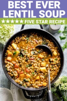 lentil soup in a black dutch oven with text overlay