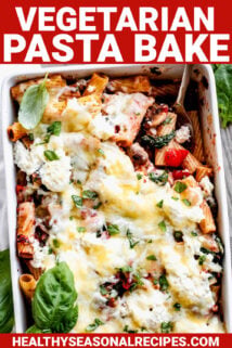 VEGGIE PASTA BAKE CLOSEUP WITH TEXT OVERLAY