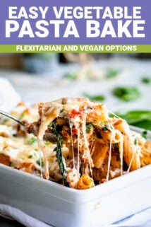 VEGGIE PASTA BAKE CLOSEUP WITH TEXT OVERLAY