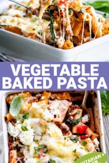 VEGGIE PASTA BAKE CLOSEUP WITH TEXT OVERLAY