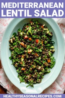 lentil salad in a blue bowl with text overlay