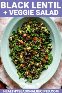 lentil salad in a blue bowl with text overlay