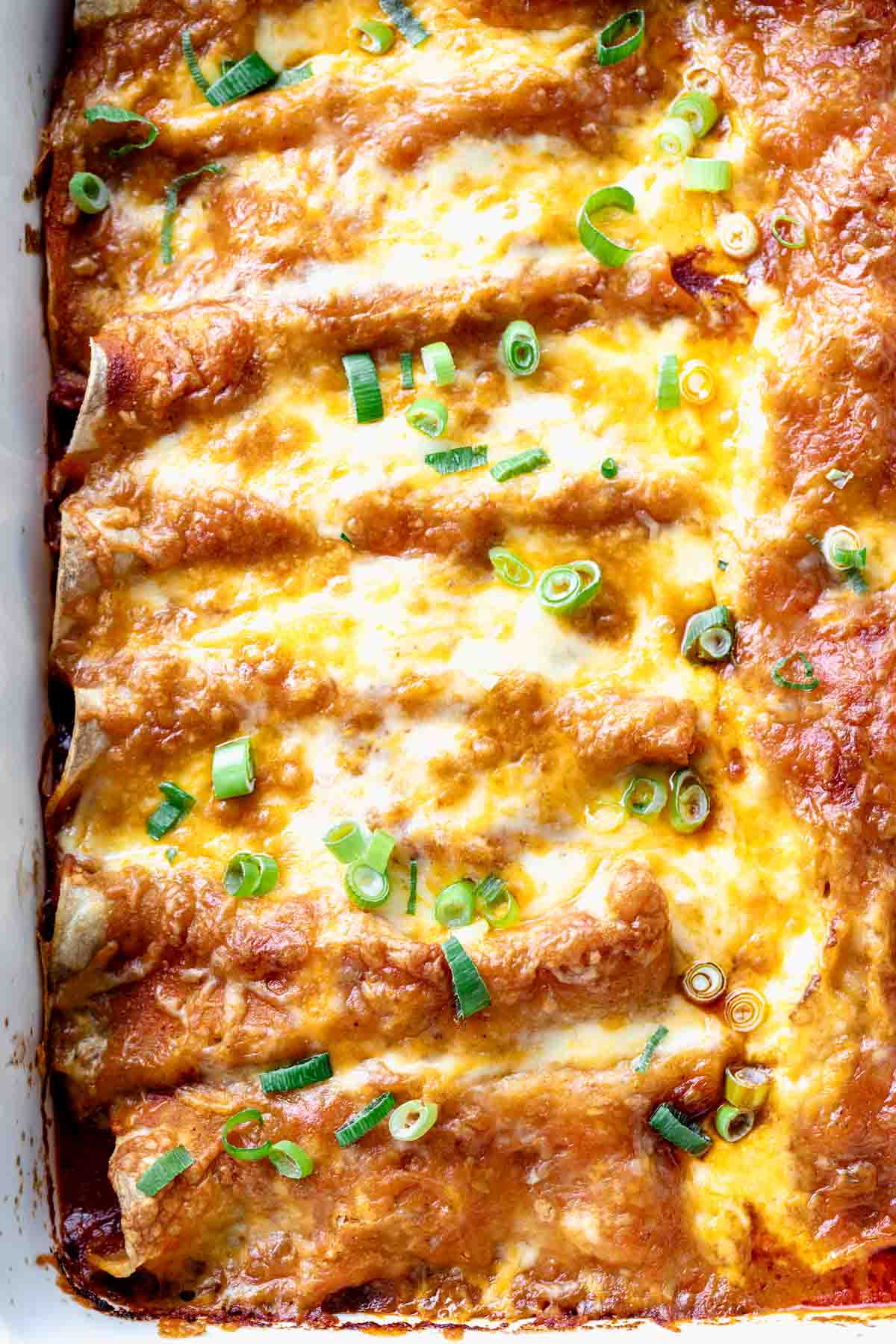 close-up of the enchiladas with melted cheese and scallions