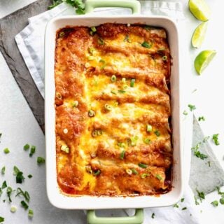 Overhead of casserole dish filled with chicken enchiladas