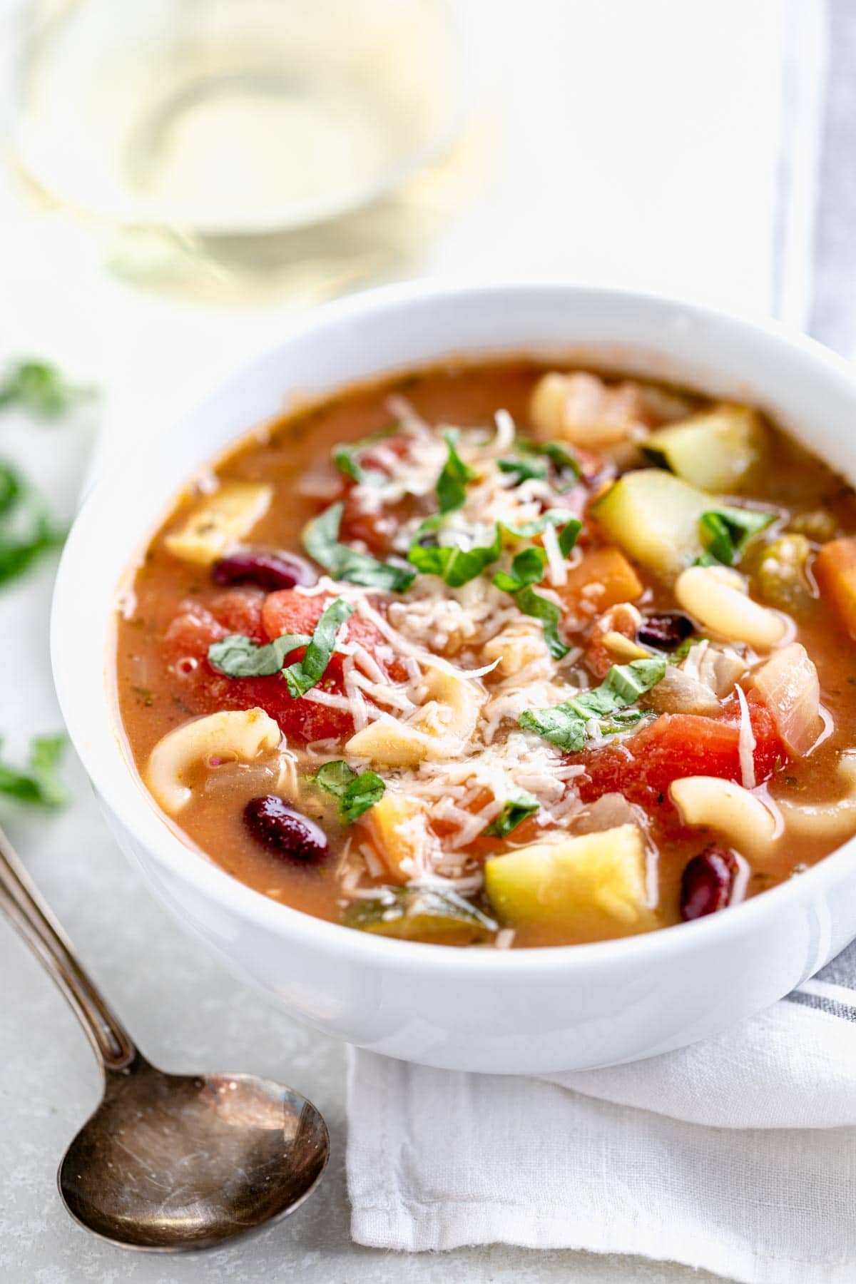 a side view close-up of a bowl of soup