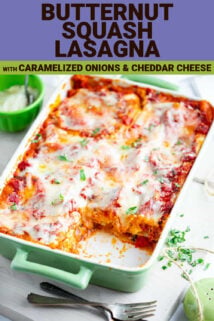 BUTTERNUT SQUASH LASAGNA IN A PAN WITH A PORTION REMOVED WITH TEXT OVERLAY