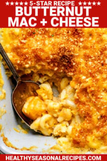 close up of butternut squash mac and cheese with text overlay