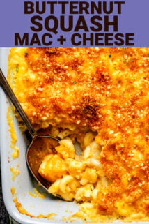 close up of butternut squash mac and cheese with text overlay