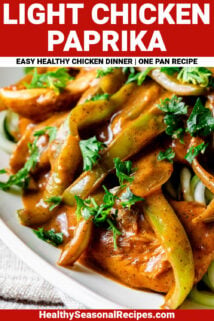 close up of chicken paprika with text overlay