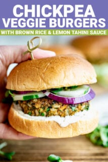 chickpea burger on a bun with sauce with text