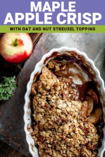 close up of maple apple crisp with text