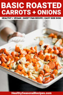roasted carrots with onions with text overlay