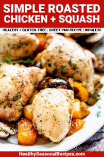 chicken with squash on a platter close up with text