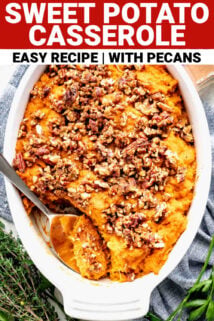 sweet potato casserole with pecans with text