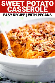 sweet potato casserole with pecans with text