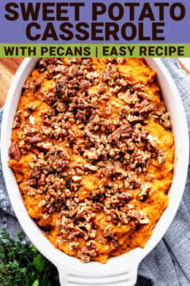 sweet potato casserole with pecans with text
