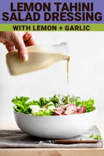 pouring from a bottle of dressing with text