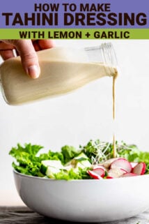pouring from a bottle of dressing with text