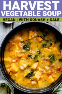 close up of vegan vegetable soup with text overlay