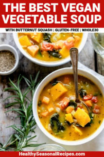 close up of vegan vegetable soup with text overlay