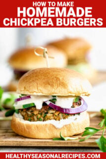 chickpea burger on a bun with sauce with text