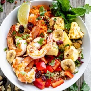 overhead of grilled shrimp power bowl