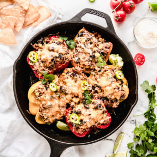 Quinoa Stuffed Peppers in a skillet