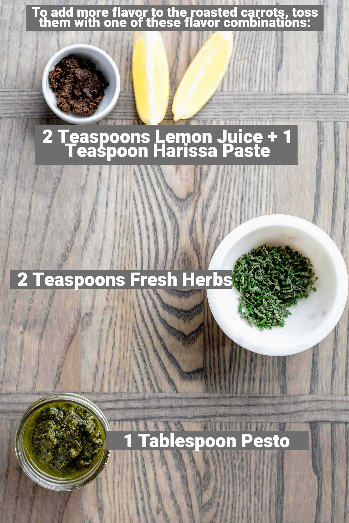 ingredients that will pair well with roasted carrots with text overlay