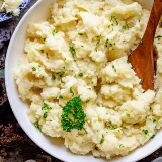 close up overhead of the bowl of mashed potatoes