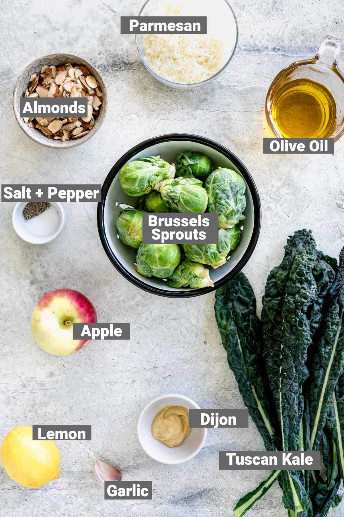 shaved brussels sprouts salad ingredients with text