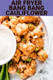 close up of bang bang cauliflower on a platter from overhead with text overlay