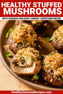 stuffed mushroom, with one cut open and text overlay