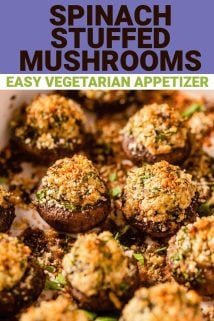 STUFFED MUSHROOMS IN A CASSEROLE DISH WITH TEXT OVERLAY